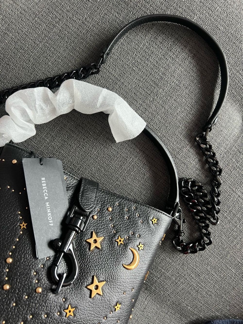 Rebecca Minkoff Black Bucket Bag with Gold Star & Moon studs - Edie top handle - Picture 9 of 9